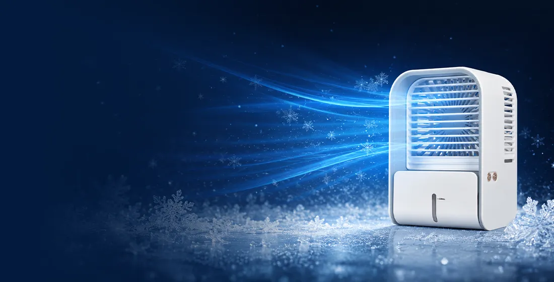 Frostcooler evaporative cooler with cool blue mist, header banner for the Privacy Policy page