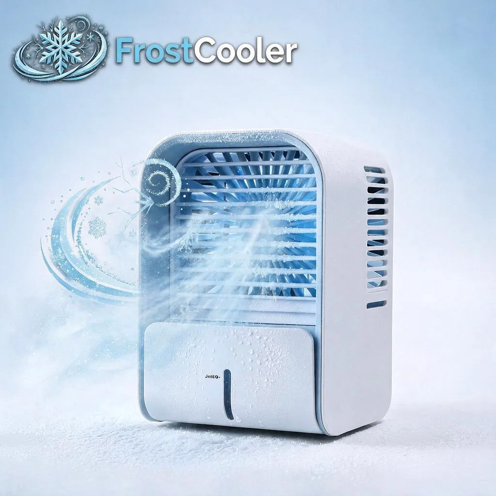 Frostcooler portable evaporative cooler blowing frosty cool air with snowflake effects on an icy blue background