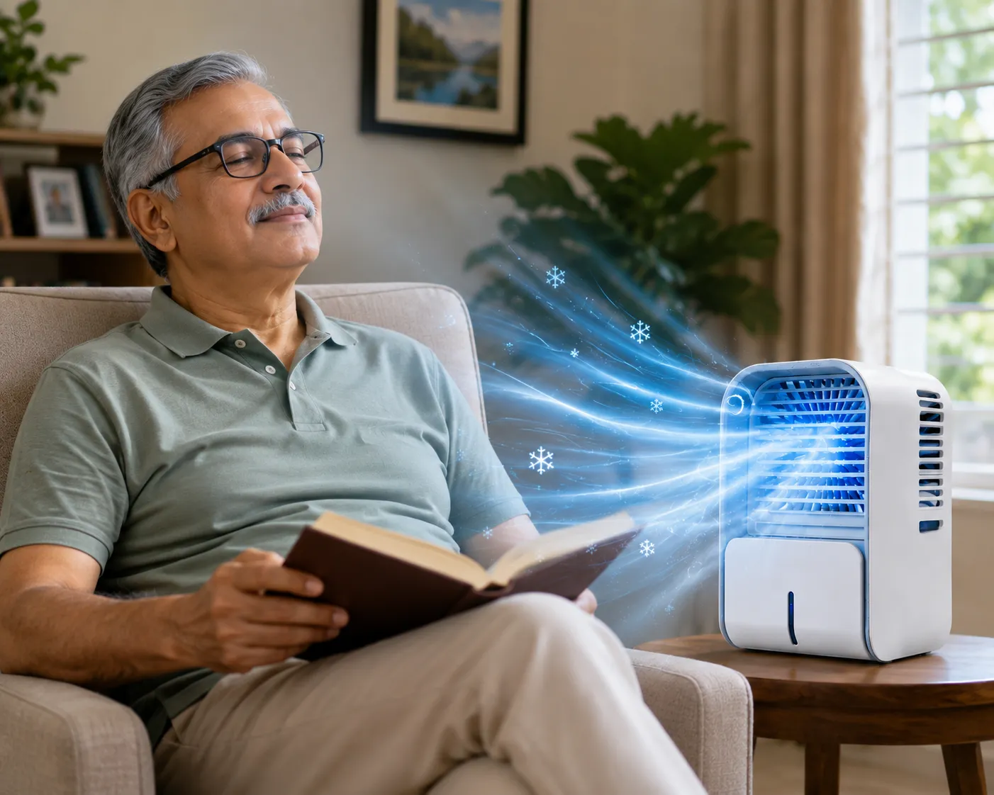 Man relaxing in an armchair reading a book with cool misted air streaming from his Frostcooler