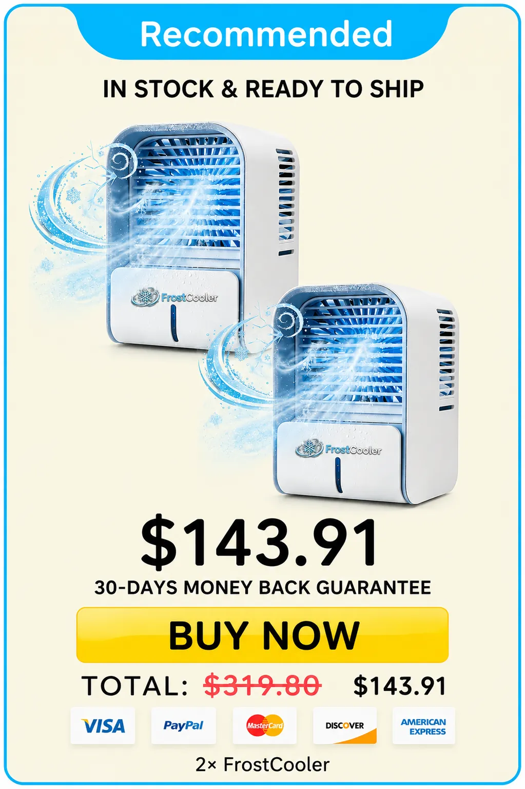 Frostcooler 2-pack pricing: $143.91, 30-day money-back guarantee, Recommended