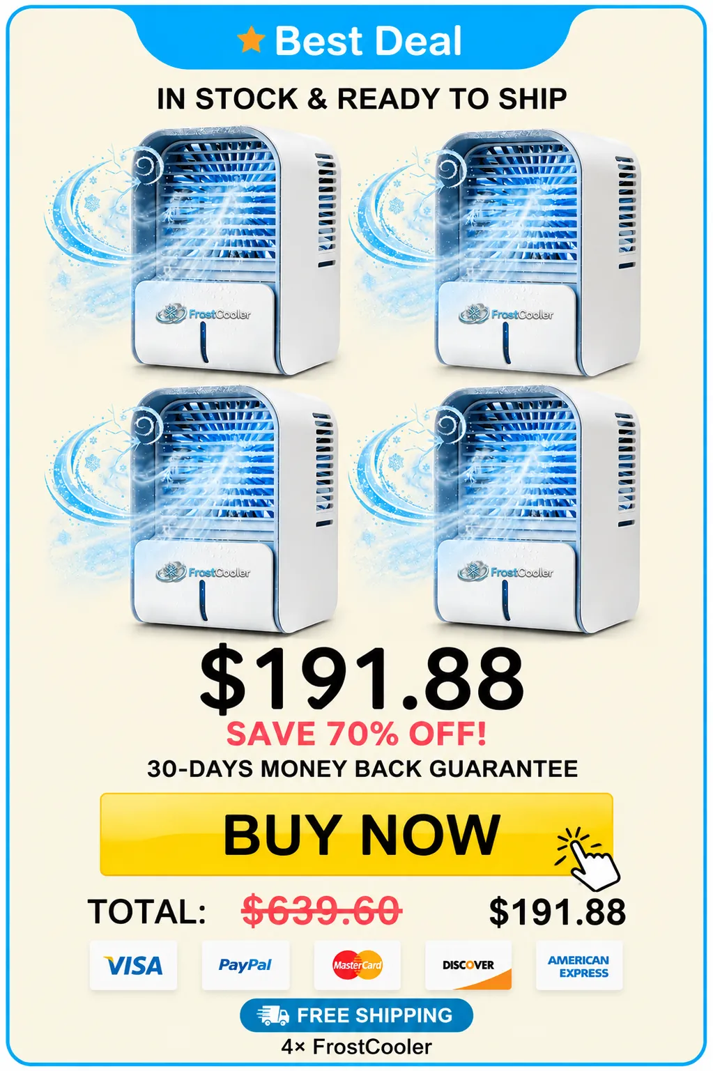 Frostcooler 4-pack pricing: $191.88, Save 70% Off, 30-day money-back guarantee, Best Deal, free shipping