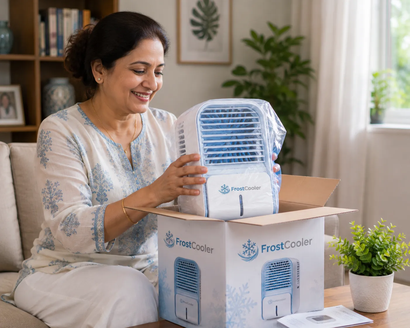 Woman unboxing her new Frostcooler portable evaporative cooler at home